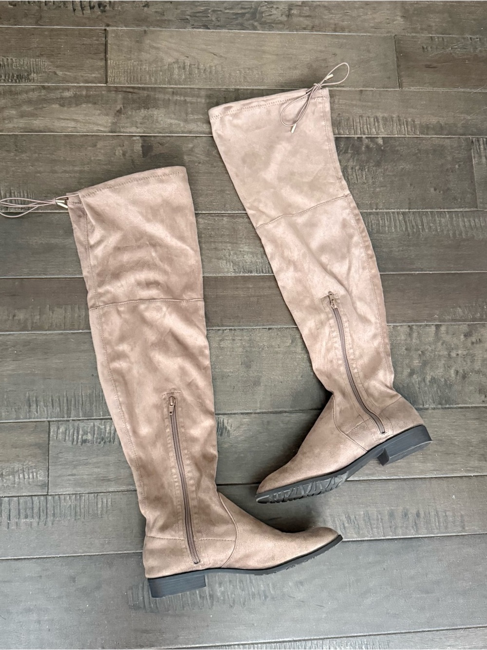 Yoki Taupe Over-The-Knee Faux Suede Zip Boots 9